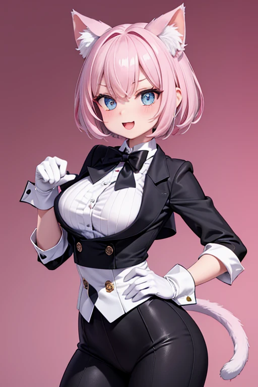 (top-quality:1.1), (masterpiece:1.4), (absurderes:1.0), portlate, a closeup,
1girl in、Momovelia Deviluk、cut hair ornament、Shorthair pink hair、a purple eye、Medium chest、looking at the viewers、(red blush:1.2)、A smile、white rabbit ear headband、white bunny girl、White Leotard、a bow tie、fishnet tights、smooth black tail、heart-shaped tail tip、devilish tail