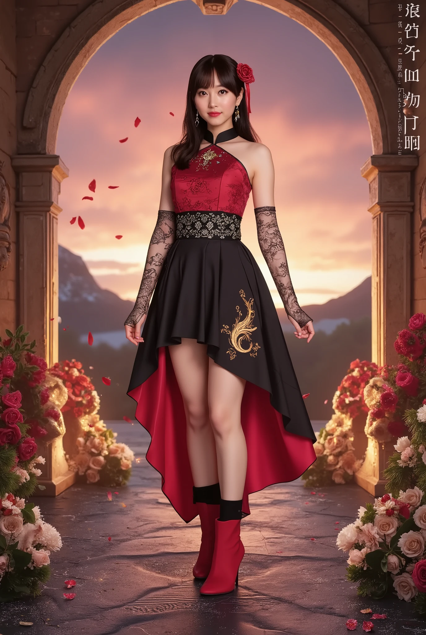 A hyper-realistic portrait of a stunningly beautiful Japanese idol girl with a slender figure and semi-long wavy black hair with crimson highlights, styled in a half-up hairdo adorned with a burning-feather shaped pin and a crimson rose hairpiece. She wears a two-toned crimson and jet-black costume that shimmers like blood under the light. Her halter-neck top is inspired by traditional Chinese collars and features golden embroidery of a blazing flame emblem on the chest. One sleeve is a long lace glove covering her arm, while the other is a short, flame-cut red fabric dancing in the wind. Her asymmetrical skirt is short in front and long in the back, flowing like fire with a red gradient on a black base, and its hem appears to be burning. One leg is wrapped in crimson ribbon up to the calf, while the other wears a black knee-high sock embroidered with glowing spark-like patterns. Her boots are red, high-heeled, and adorned with small fluttering flame-shaped wings on the heels. Her earrings and ear cuffs are shaped like delicate fire motifs, sparkling like embers. Her makeup includes red-to-orange gradient eyeshadow, a thin golden line on the lower eyelid, and glossy crimson lips. The background shows a scorched marble stage under a dramatic twilight sky of burning red and gold. Ashen rose petals drift down from the sky, while the floor is cracked and charred, with glowing red roses blooming from ancient seal patterns. Surrounding her are rusted iron arches, shattered stained glass, and crumbling angel statues, creating a mystical, tragic, and beautiful stage.