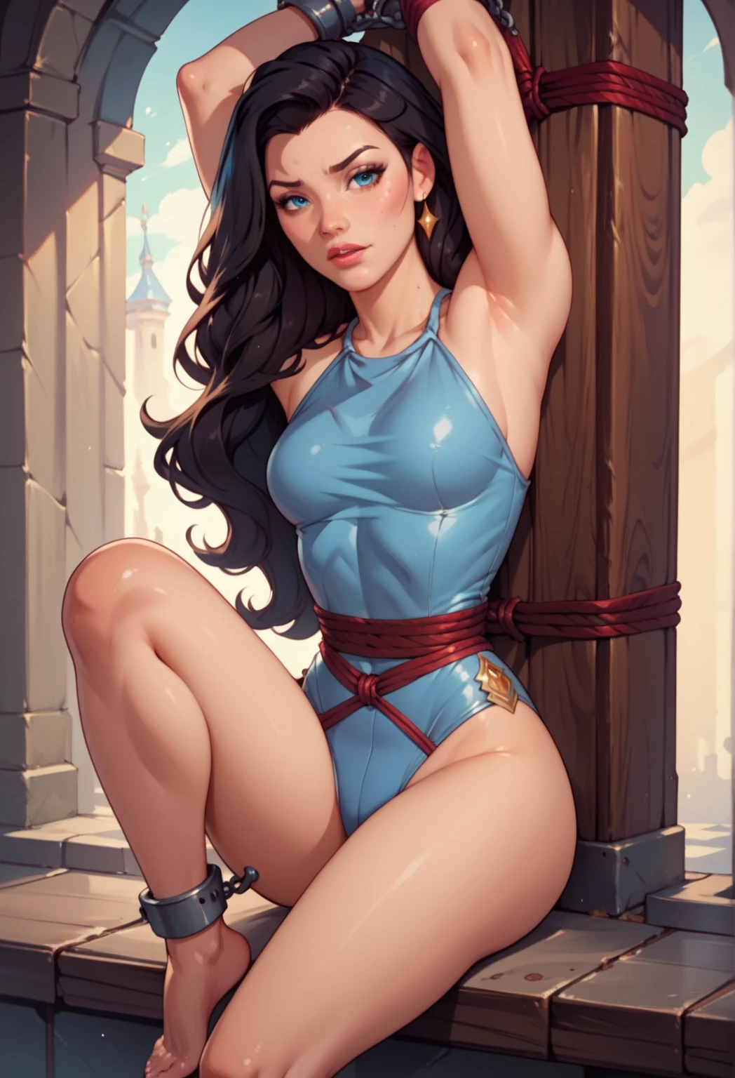 ((Top Quality, Masterpiece: 1.3, best details)) 1person ,Beauty, beautiful, Kitana being a maid ,highly detailed eyes, humiliated, naked, eyes closed, head down, bent over to clean the toilet, cleaning a digstuing toilet, crying, staying barefoot 2.0, hold a pump to unclog the toilet in her hand full of , dirty public toilet, enslaved, big butt.