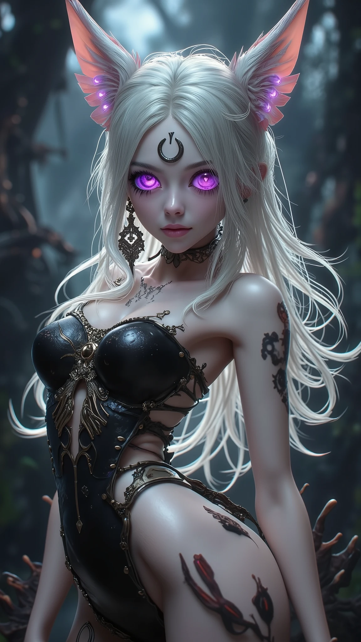 (Seductive nightmare)(Hyper realism)(Realistic fantasy)A moon elf greatly resembling Paris Hilton (age 25, psycho mouth full of jagged razor sharp teeth, long razor sharp finger nails, blue skin, violet eyes, silver hair, sheer spider silk lingerie(over exposed), silver body jewelry) is walking through a spider infested haunted woods, webs obscure the moon and carpet the ground. Immense webs and spiders in the tree tops.