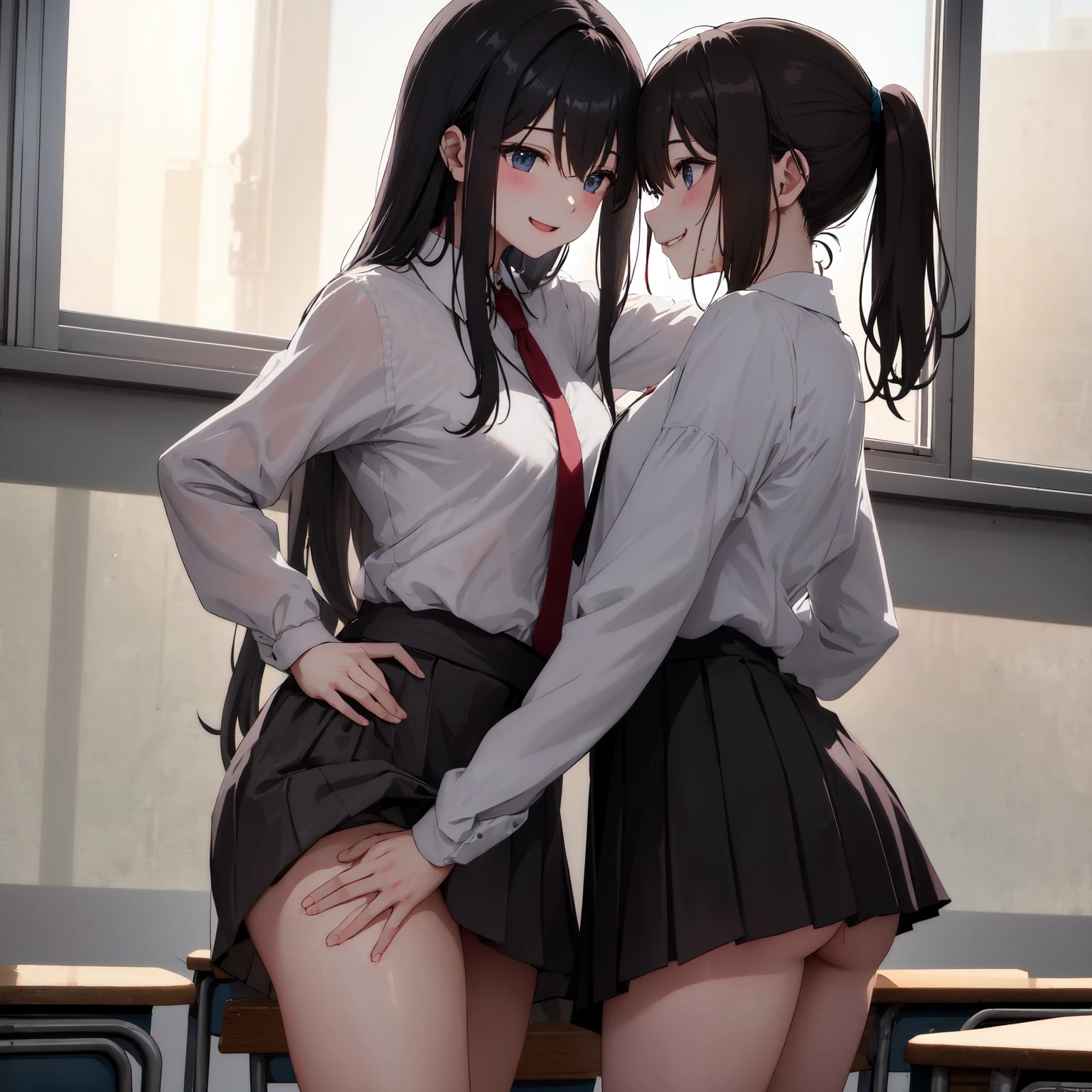2 high school girls，two girls，lesbian，brown or black hair,face turns red，hug，close both eyes， rub each other&#39;s breasts，I&#39;m shy，hug，black lenth stockings，The light is dim，bedridden，My face is very red，saliva is dripping,mouth wide open,extremely shy，spread legs，sitting on each other&#39;s laps，reach for someone&#39;s clothes，untie the strings of your clothes，barefoot masterpiece, Smelling each other&#39;s soles,Stuffy soles,highest quality, , skirt, white panties under skirt, focus on feet, extreme back arch, big ass, defined butt, school classroom, doing splits on the desk, noticeable butt crack, looking at the viewer, without shoes,  uniform, (students looking at her:1.3), fascinating, fascinating expression, white thigh high socks, non-transparent socks, Huge , ((cleavage)), Huge boob cleavage,Smelling each other&#39;s soles,