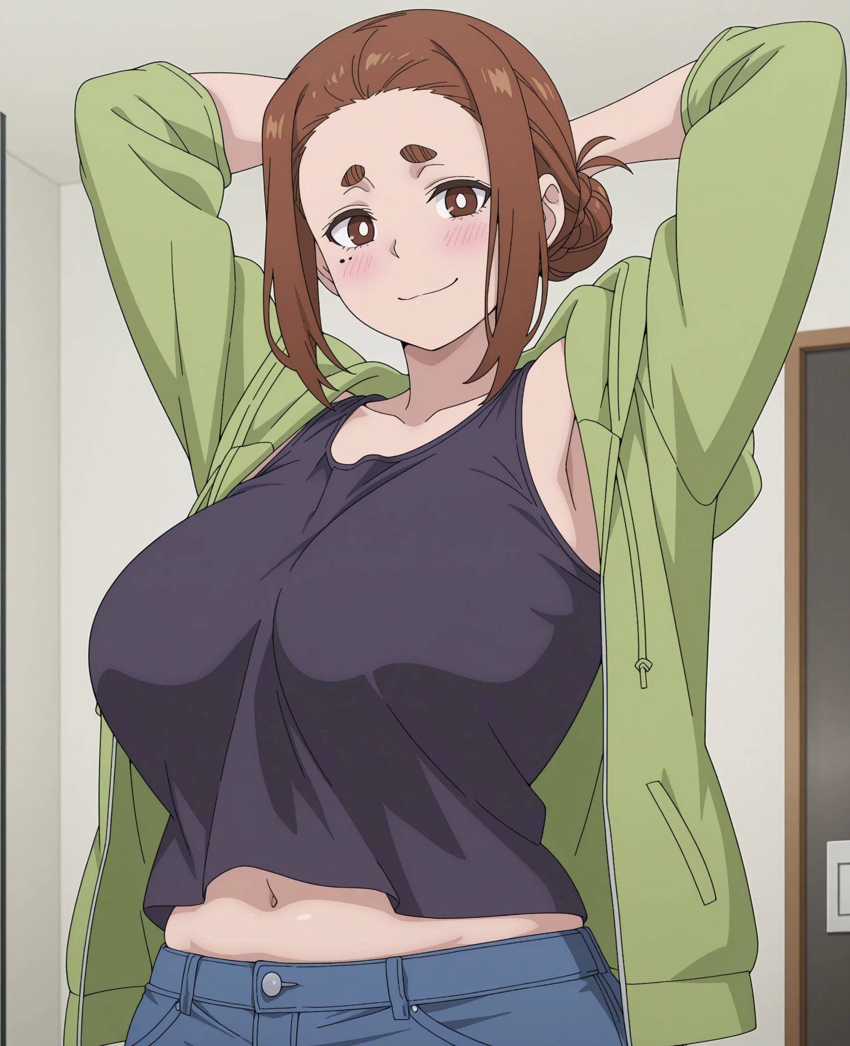 Masterpiece, best quality, hentai style,Hanayo Koizumi, solo, purple eyes,standing , taking selfie,mini gym shorts, crop tank top,sweating, black shorts , curvy hip,(shorts pulled down:0.9) , sagging breasts