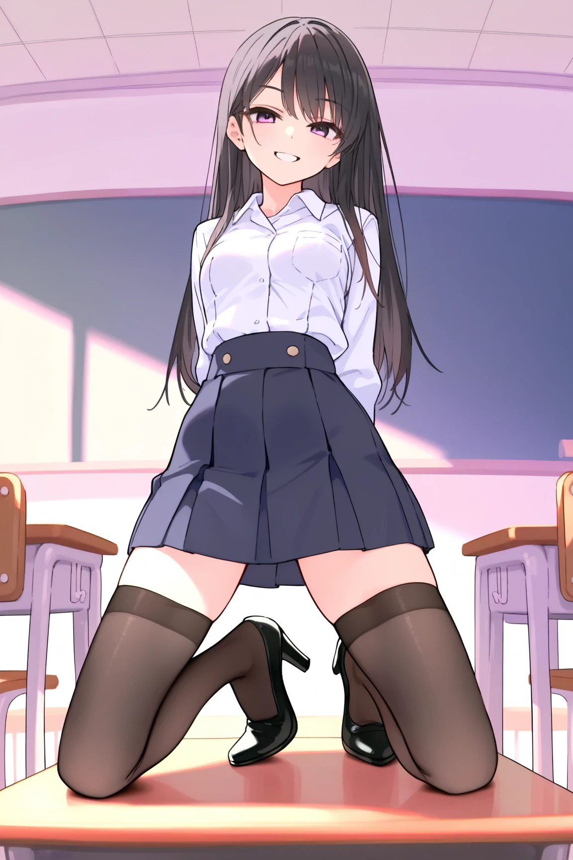 (nsfw),masterpiece,ultra detailed,sharp focus,4k digital art,high resolution,peeing,(realistic),(double peace,peace sign,v sign with both hands:1.5),(aroused and blushed:1.7),(peeing),tareme,(adult beautiful face,curvy adult body),(from below,upskirt:1.2),(navy blazer:1.3),dress shirt,navy pleated skirt,bow tie,(black hair,long straight hair),at back alley,off street,night light,(sweaty:1.2),grinning,(trembling,flying heart-shapes),(squatting and spreading legs),sexy undies,loafers
