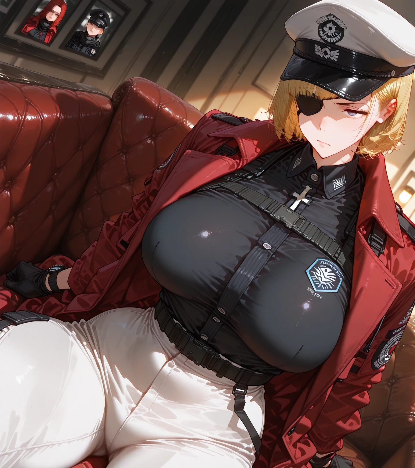Gestapo uniform, female lesbian kawaii sisters kissing passionately with T-54 military tank. wearing black latex Luftwaffe uniforms. 8k. masterpiece. best quality. best artwork. lingerie. Swastika insignia red armband. busty bare breasts. nipples. sunset. snowing