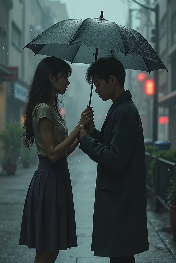 Beutiful sad girl is Standing on the Bridge ledge. On her back side ther is a boy. Add red and white colour. Raining. Boy has a umbrella in his hand. Girl is wearing white dress which is wet because of rain. Both boy and girl are around 19 year old. Night time. For novel cover.