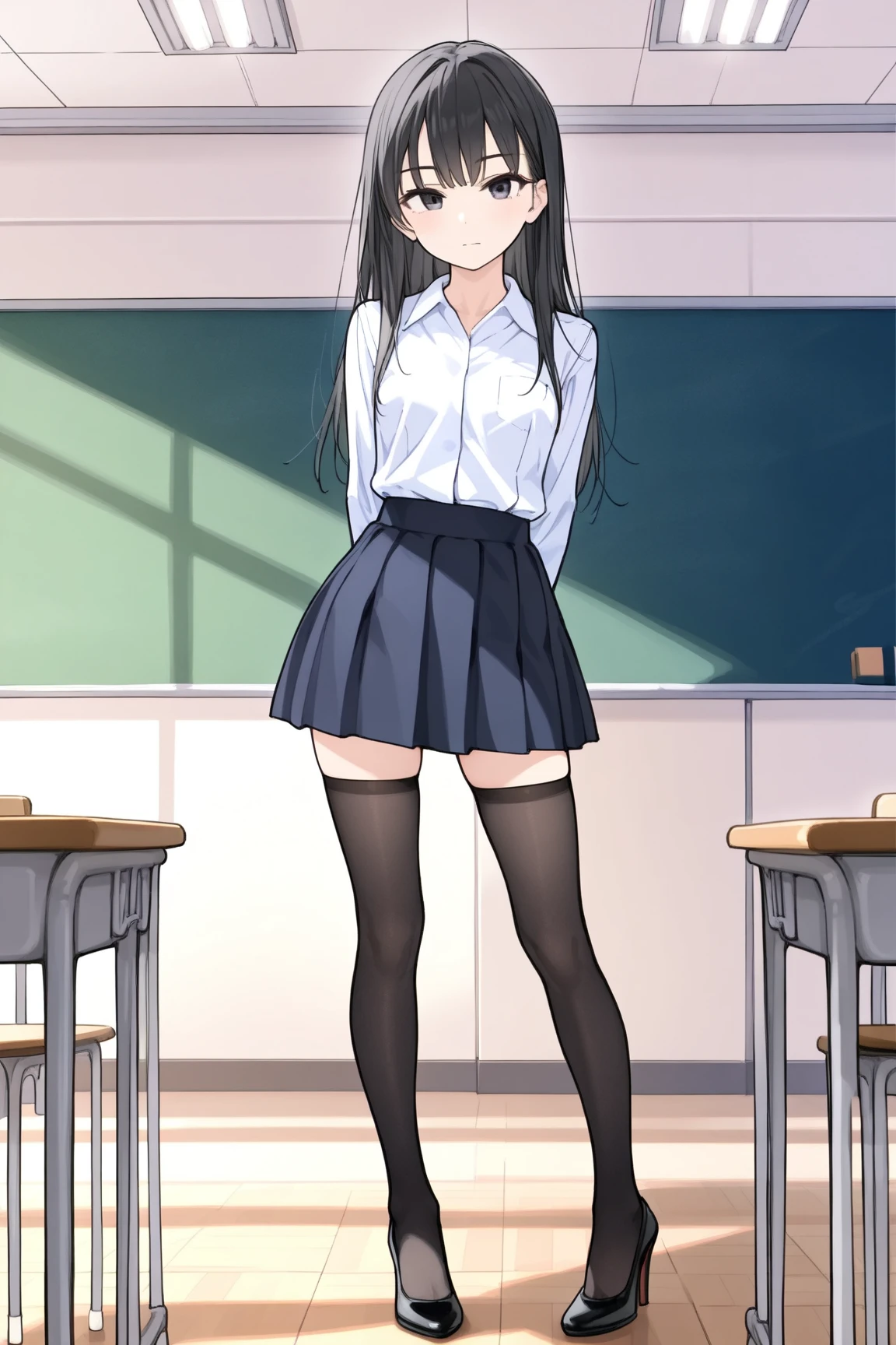 looking at viewer
akebi_black, 1girl, solo, smile, long hair, black hair, blue eyes, blush, , shirt, closed mouth, long sleeves, bangs,classroom,miniskirt,socks,(((lift skirt,panties)))