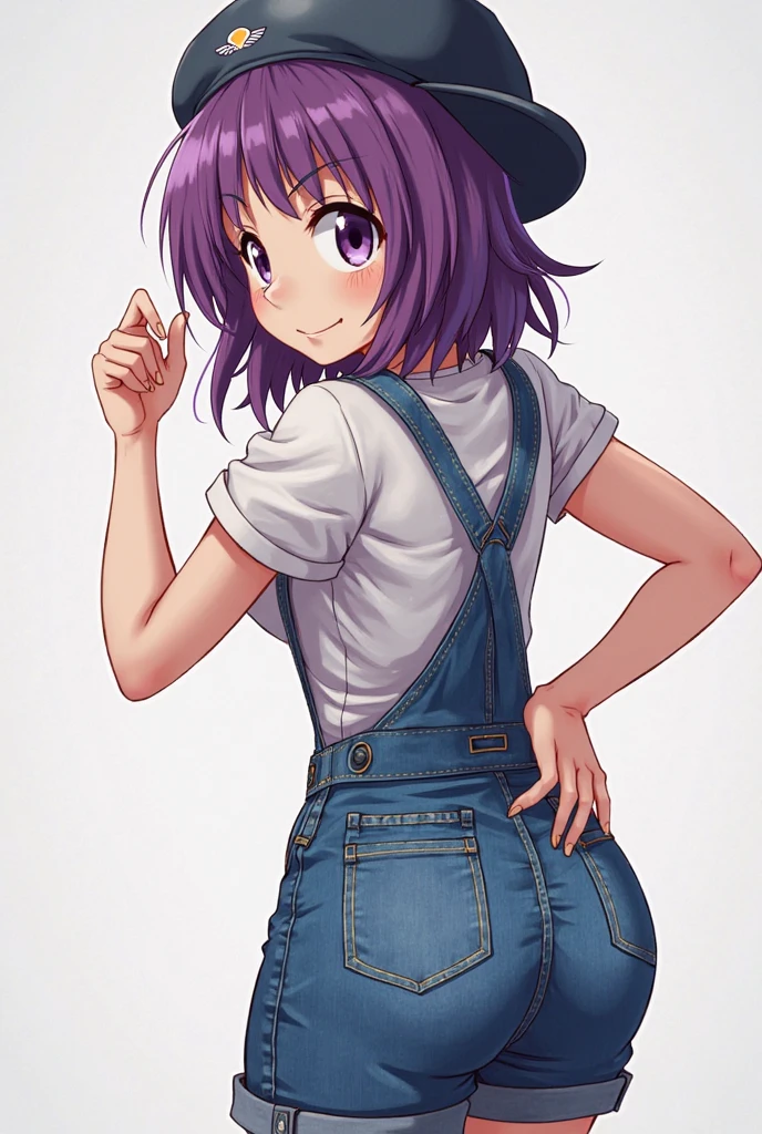 1girl, grey skin, purple hair, bob hair cut, straight face, pretty, large ass, plump ass, strong legs, small boobs no underwear, no shirt, wearing large and loose overalls only, nothing underneath, exposed, side view, bent over