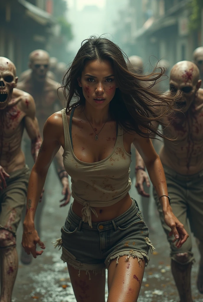 A woman clothes stained with blood, hand holding knife, carry a back
