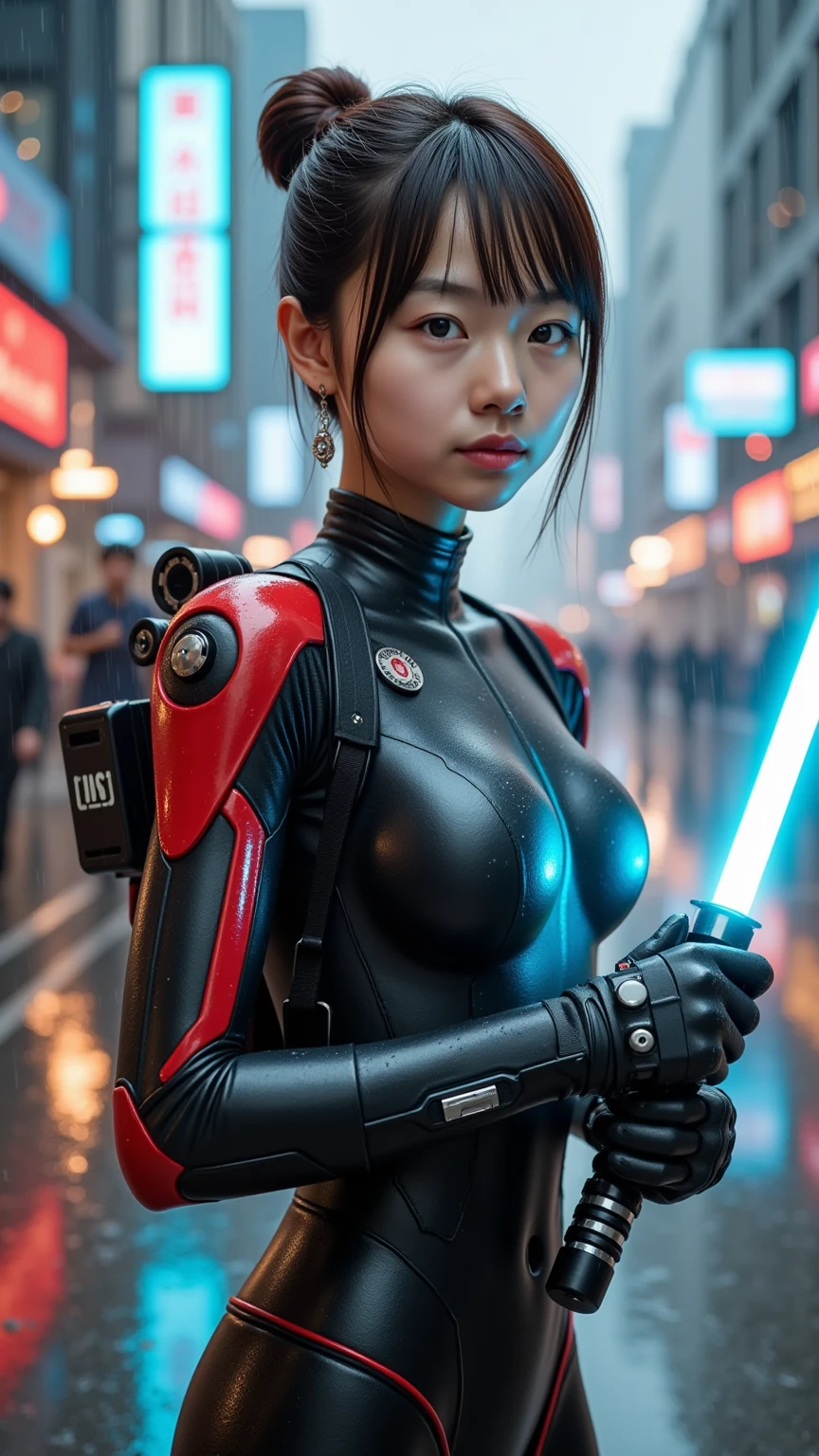 Realistic full-body photography of a beautiful and Alien Korean mature woman, She is considered one of the most beautiful races in the galaxy., With a seductive face, eyes and lips, bob-style hair to mid-shoulder, some hair falls to the middle of the face making them more beautiful to see, They wear sexy military uniforms that stick to their bodies in multi-colored colors., They are in the Control Center of the intergalactic Space Station.. hyper-realistic, sharp photo, 10.