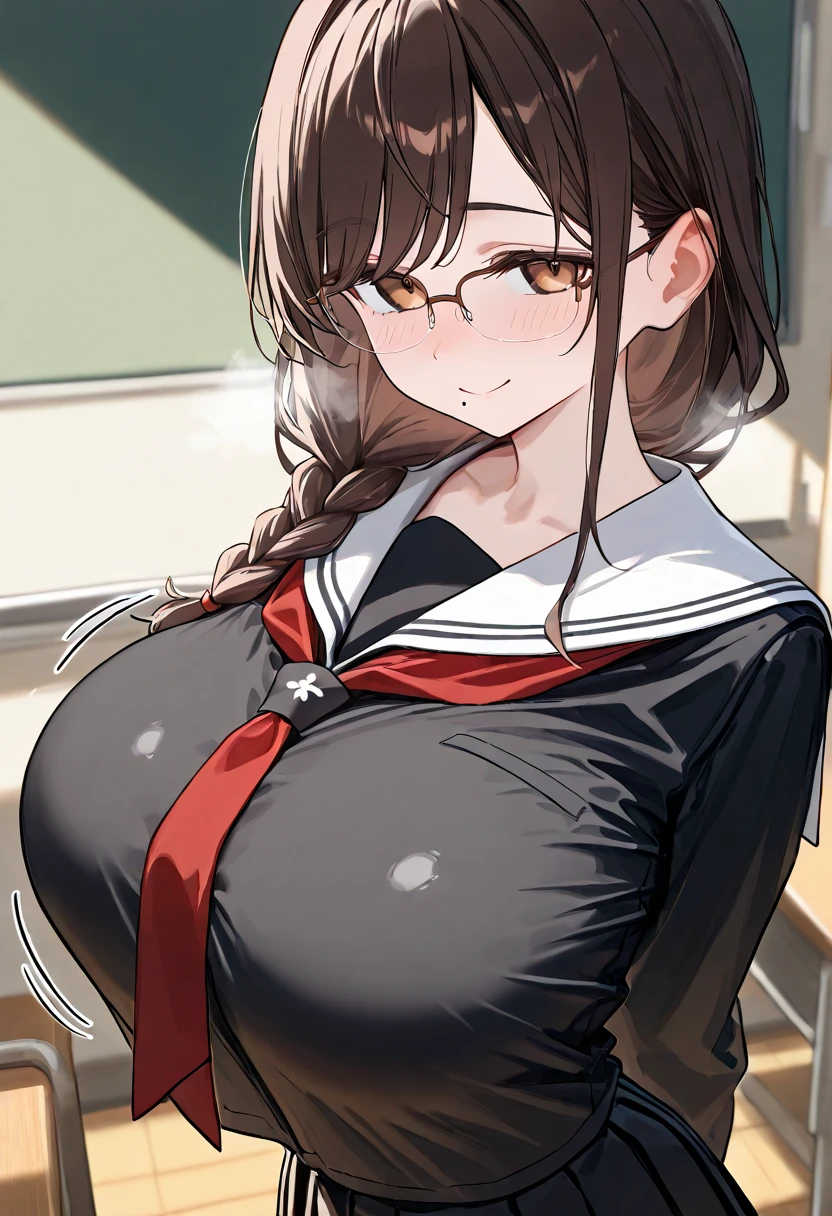 1 Female、Brown hair、Brown Eyes、Best Quality、Super detailed、8 Resolution、Raw photo、Mastepiece、Perfect Body、high resolution、Highest quality、Detailed drawing、Vibrant colors、lure、Long Hair、Black-rimmed glasses、Captivating breasts、Big Breasts、classroom、Sailor suit