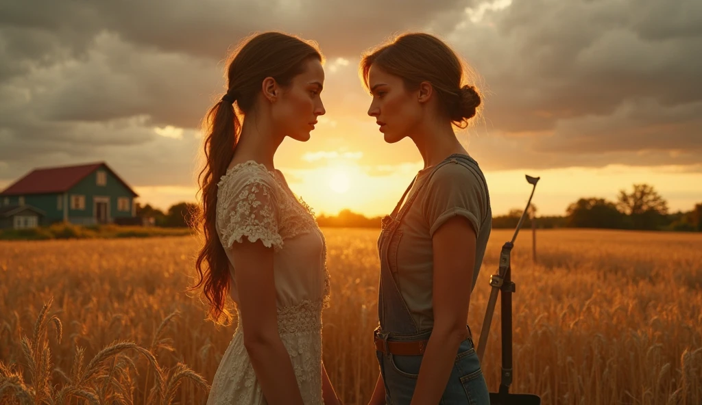 a European girl with bangs put her head down looking down, blueeyes, short pink semi-transparent sundress, skinny, showing cleavage, ginger hair, freckled face, standing in a colourful flower field(Blue, Red, Yellow flowers), a Italian mansion in the distance, sunset, windy, high quality photo, photo realistic, extremely detailed, highly detailed face, ultra HD, dark realistic film shader
