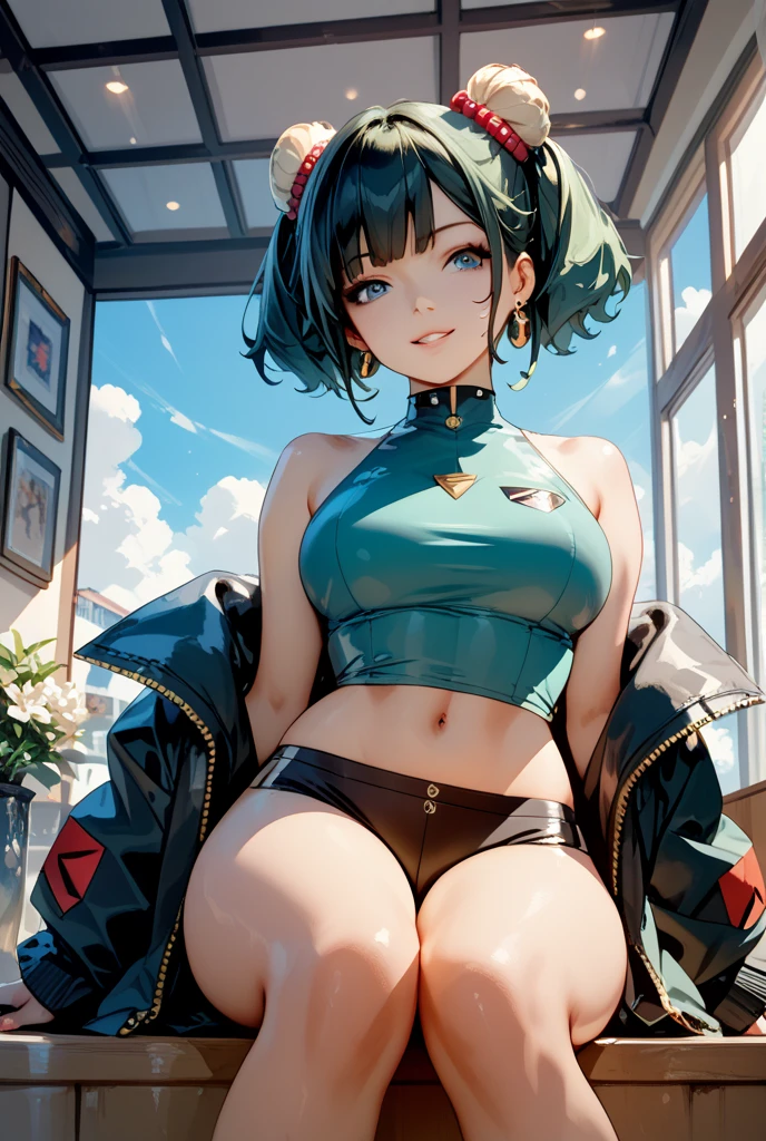 a cute yuna (cosplay of Tatsumaki, foam green hair, sexy slinky black iconic dress, high split up thighs (panties partly exposed)), she is looking annoyed while doing sexy poses, ruined city set
