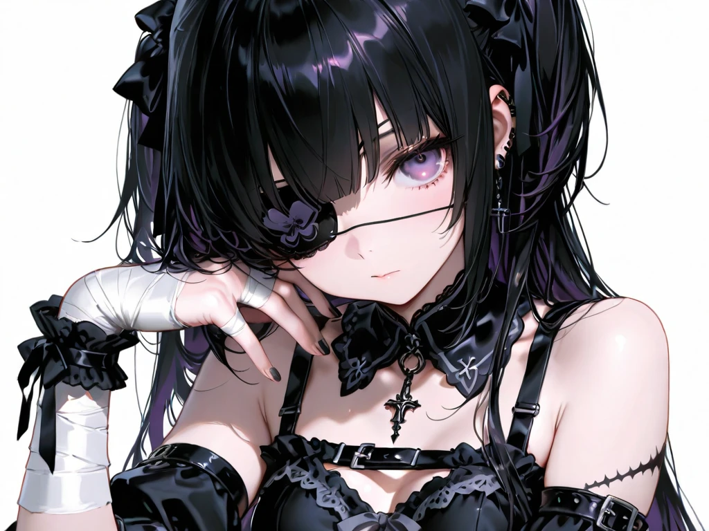 a girl monster, slave, chained, beautiful, detailed portrait, delicate facial features, piercing eyes, sharp fangs, pale skin, thick chains, dark background, cinematic lighting, dramatic shadows, gothic style, moody atmosphere, dark fantasy, high contrast, muted colors