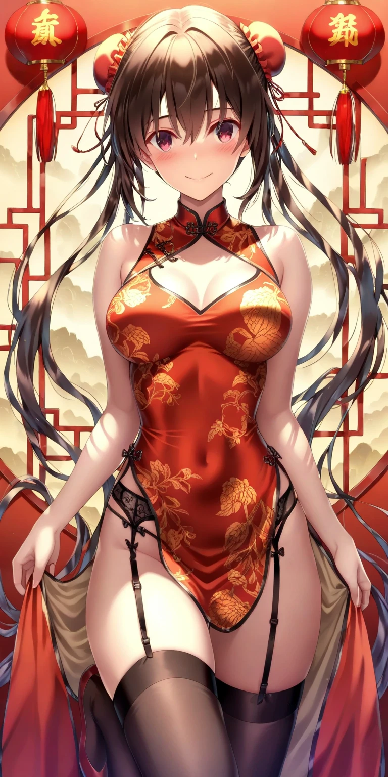 High quality illustrations。A seductive adult woman。With defined eyeliner。Her skin is flesh-colored、She has black hair。Her hairstyle is twin tails with vertical roll curls on each side.。Red eyes。She is wearing a black cheongsam。Have big breasts、She has good style、Blushing and looking happy。Crouching and standing on tiptoes with legs apart (open leg; 1.2), (nude pussy; 1.5)。Holding a used condom in one hand.。It has a slit in the chest area.。The front is hidden like a curtain。,(full Blush:1.5)