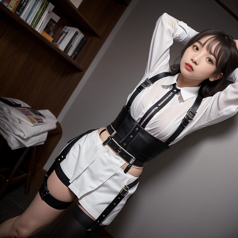suspenders　　　Large swollen breasts　　 　 　　　　Black mini skirt　garter belt　Knee-high socks　　　　　　　bangs 　　　　　Beauty　　Hands up　　 　　Black boots 　　　　one person 　　　Dress shirt　　　　　　With your hands behind your back　Armament　holster　　A room at the Belt Hotel　Bed　Wall side 　Armpit sweat 　Spread your legs　Panty shot　