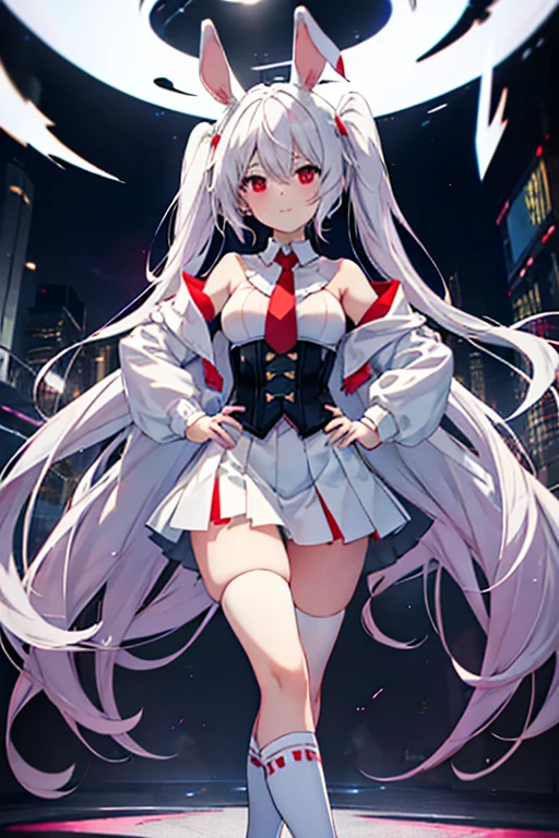 1girl, best quality, highly detailed, masterpiece, (((modern))), (modern outfit), ((hoodie)), (skirt), (solo), long white hair, red eyes, ((blunted bangs)), eyepatch, (((pointed ears))), (smirk), smug, ((flat chested)), perfect white haired girl, white haired deity, ((night))