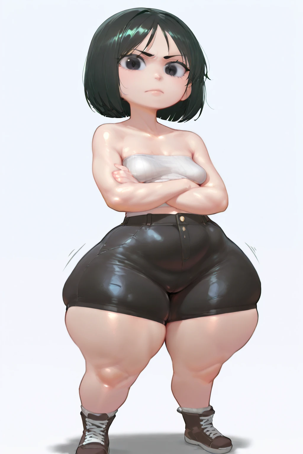 1girl, solo, short black hair, hair bangs, short twin tails, sharp outline, tight short sleeved grey shirt covering her stomach, low rise, black panties, large breasts, thick thighs, large thighs, wide hips, massive thighs, thick legs, barefoot, small feet, slim waist, full body shown, best quality, masterpiece, white background, young face, short height, white nail polish, long fingernails, standing up 