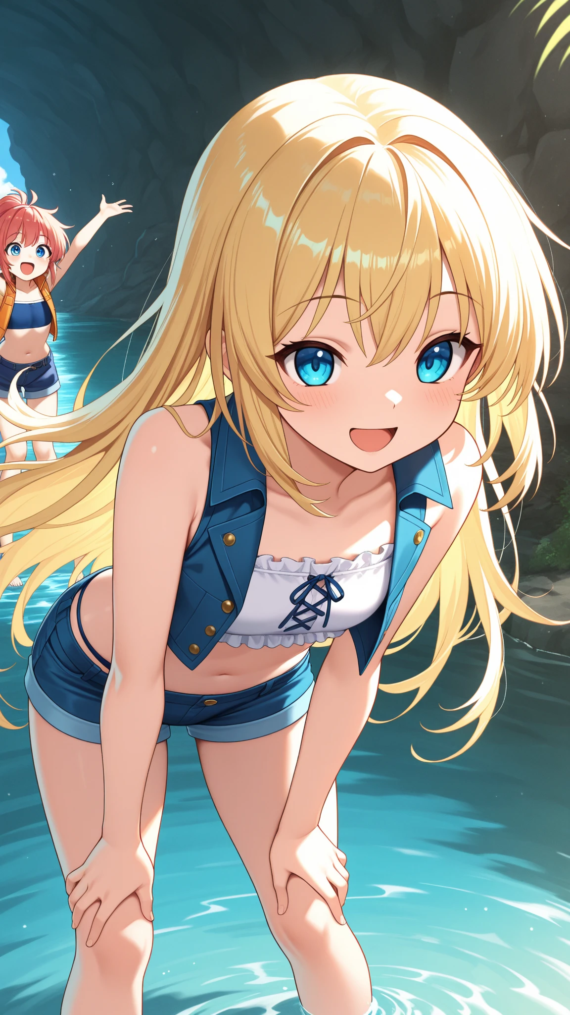 2位Very漂亮的瑞典18 歲漂亮的女孩、 white blond hair、 （（ Sexy and gorgeous transparent underwear and panties））、(Colorful transparent underwear and panties) 、Very、 shiny skin、 white skinned、 a smile、 beautiful bangs、 long and straight、 2位絲般美麗的white blond hair女郎、 shiny hair、 Extra long, super straight and flowing hair、 Eyeliner、 a small face、 Extra large firm breasts、 crystal clear ocean blue eyes、 shining with beautiful light、 Earrings, pendants, headwear and bracelets hanging from the ears、beautiful and smart girl、 Playing in the water at the outdoor beach and taking a full body photo of two people、 Looking to the future