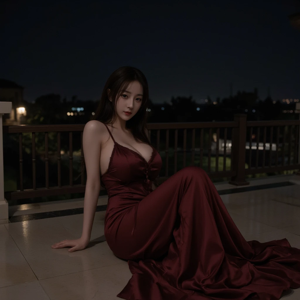 ((Midnight, Excellent, 8K, Masterpiece:1.3)), Full Body, Long Legs, Focal Length: 1.2, Perfect Body Beauty: 1.4, Slim Abs: 1.1, ((Dark Brown Hair, Big Breasts: 1.2 )), (Red Evening Dress, Standing: 1.2), ((City Night View, Roof: 1.3)), Highly detailed face and skin texture, Detailed eyes, Double eyelids