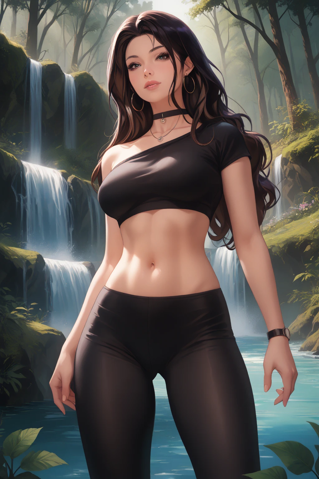 Create exaggeratedly realistic photos of a Thai woman with long brown hair wearing a white tank top immersed in river water, backpacking, blue tactical pants, boots, headphome around the neck, holding a digital camera, waterfall background, rainy weather, top angle, front view, wet shirt effect, 3D image, 18K contrast.