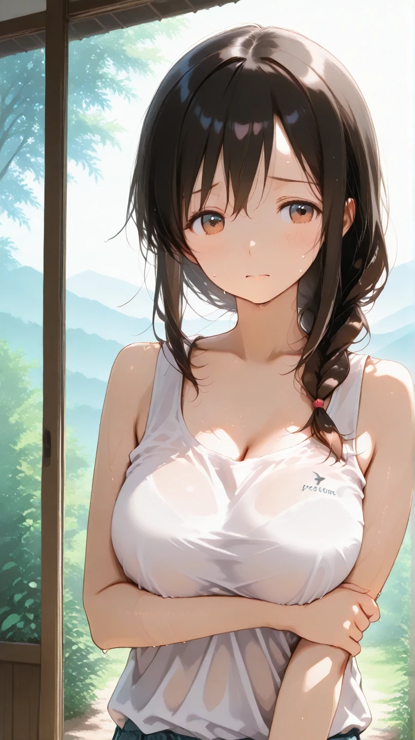One girl,Hotaru、smile、Gentle expression、Welcome、The whole body is shown、Leaning forward、Cleavage、noon、Rural Scenery、Sitting、Leg spread、looking viewer,Cute white camisole,panty shot,Pink Panties、A complete depiction of the human body、masterpiece, Highest quality, Game CG,