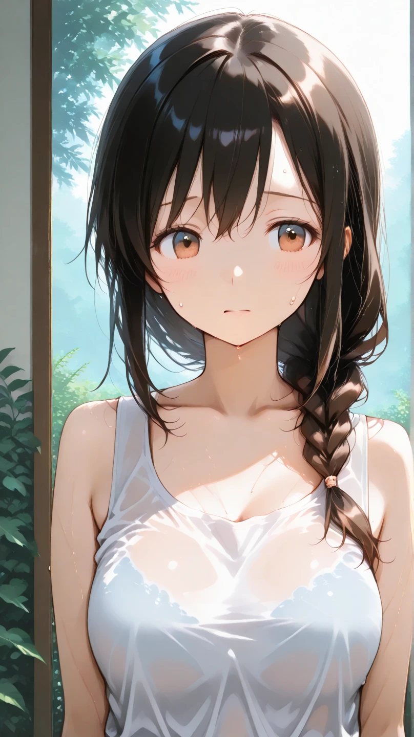 Best quality, masterpiece, super high resolution, a super model soaking in a hot spring in Japan, outdoor hot spring, stone hot spring, surrounded by moss and trees, super beautiful face, pure body, clear pores visible, big boobs, waer towel, (smile:0.8), wearing split (lace bandeau:1.2), (realism:1.5), original photo, soaked body, covered in sweat, bare shoulders, in the dark, deep shadows, low-key, cold light