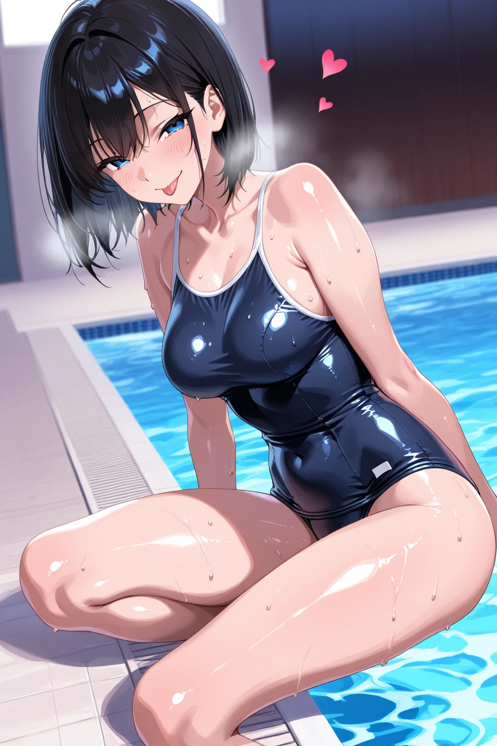 mastute piece,Best Quality,insanely detailed,8k cg,nsfw,
(shoot upper body:1.3),
(1girls:1.3),standing,looking at viewr,body in front,both arms behind back,(school-swimsuit:1.3),(bare breasts:1.1),(bare nipples:1.1),
break,
blush,shy,(ecstasy face),(trembling:1.2),break,(light black hair:1.2),
break,
perfect breasts,perfect teats,(open mouth:0.9),(large breasts:1.2),
(poolside),