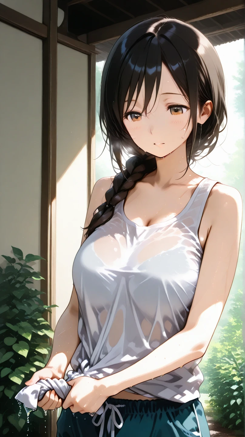 (Hands folded behind your back)、Beautiful breasts、Black Hair、Armpits are visible、Attractive breasts、Beautiful and attractive anime woman, Enchanting anime girl, Top rated on pixiv、Healthy Body、OK、(white)See-through tank top、Yakuza、(All over the body)Tattoo、(Large on the arm)Tattoo、I can see your underwear、Shaving、Slippery、big round earrings、Iris、beautiful girl、、Provocative、Underwear is biting into、The setting sun is shining through the window、Stay in the house、Quiet、Inconspicuous、Nipples、bedroom、Big Breasts、brown、semi-long