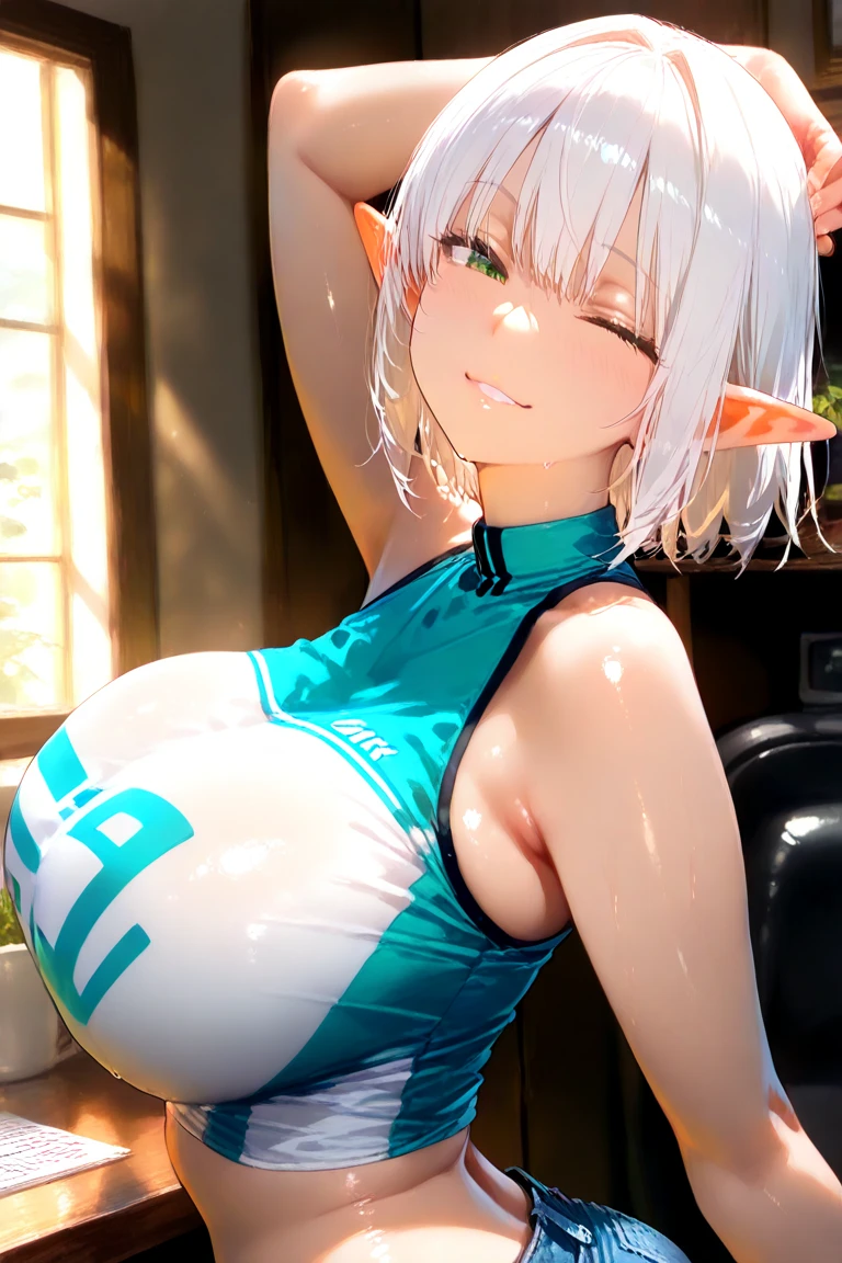 ((elsa)), ((pubic hair)), ((arms behind the head)), ((showing armpits)), (((chubby))), (((plump))), large breasts, deep neckline, smiling, sexy, (((topless))), sitting on bed, crossing legs, 8k, high quality, detailed, realistic, photo-realistic, masterpiece, professional, vibrant colors, cinematic lighting
