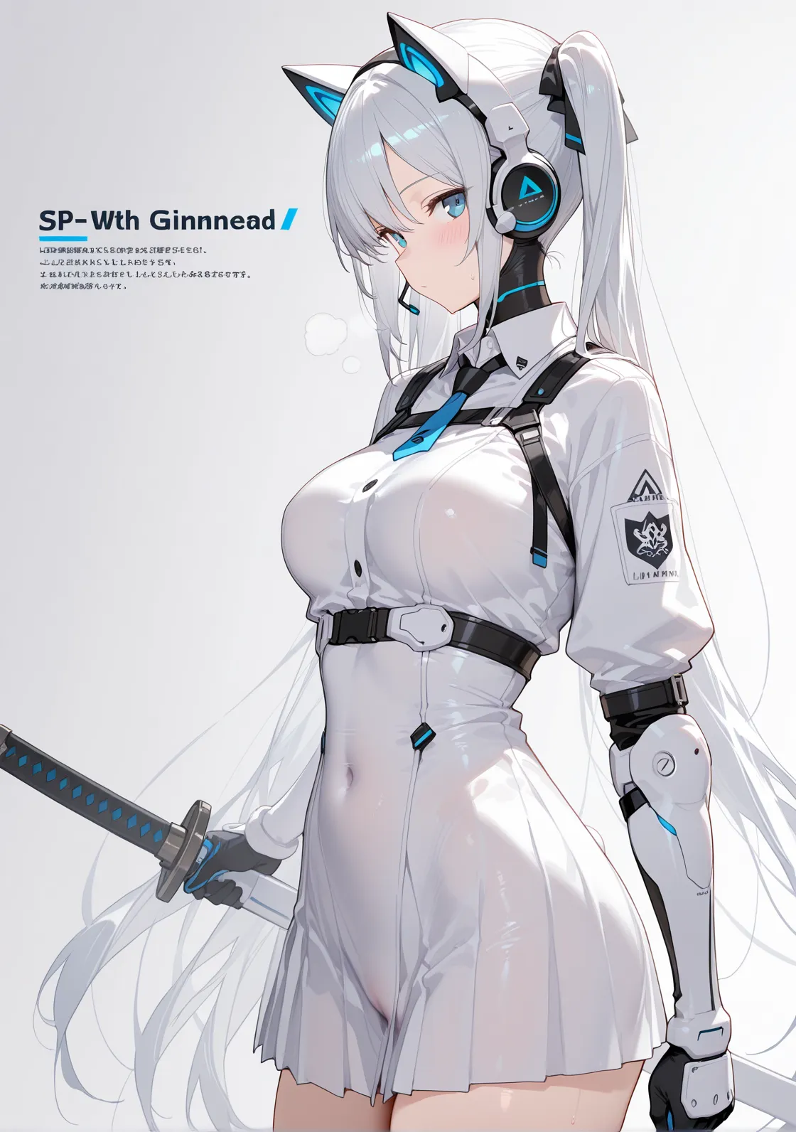 4K,hight resolution,One Woman,White blonde hair,poneyTail,head phone,Colossal tits,ninjartist,White Cybersuit,futuristic spacesuit,Cyberpunk Handgun,underground city,blue shining eyes,The halo,