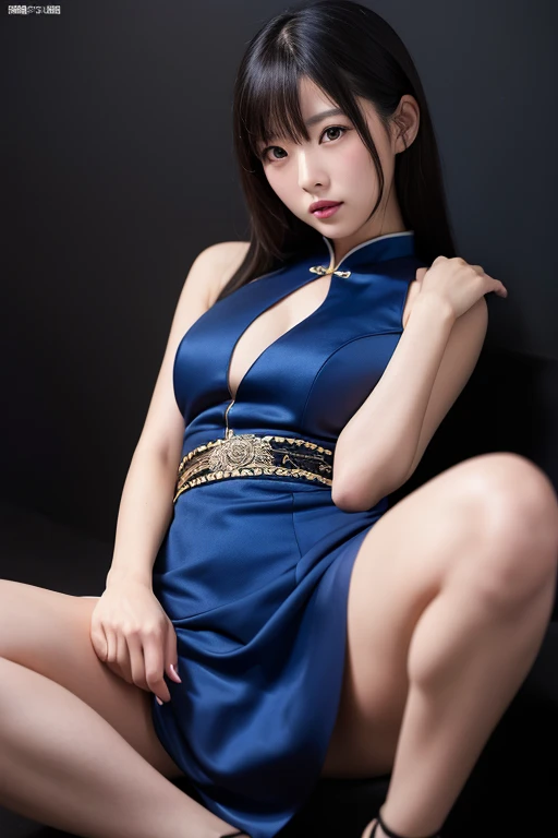 dragon ball, chichi,(low ponytail:1.1),black hair,blunt bangs chinese clothes,blue dress,sleeveless,wristband,sash, revealed cleavage,exposed medium breasts,(covered nipples:1.1) (ambient lighting:1.1)(ultra realistic,32k,RAW photo:1.1),(high detailed skin:1.1),8k uhd,dslr, high quality (makeup, mascara:1.1),(shiny glossy translucent clothing:1.1), looking at viewer seductively,full shot,simple background,insanely detailed,best quality,masterpiece,(photorealistic:1.1), white panty , kick in the streets , perfect eyes highres, (finely detailed beautiful eyes and detailed face), (face through thigh: 1.4), solo, lady, (beautiful background), dynamic angle, , light face, sunlight, (bright face: 1.2), very wide hips, very thick thighs, (full body shot), show nipples, show hairy vagina, spread legs.