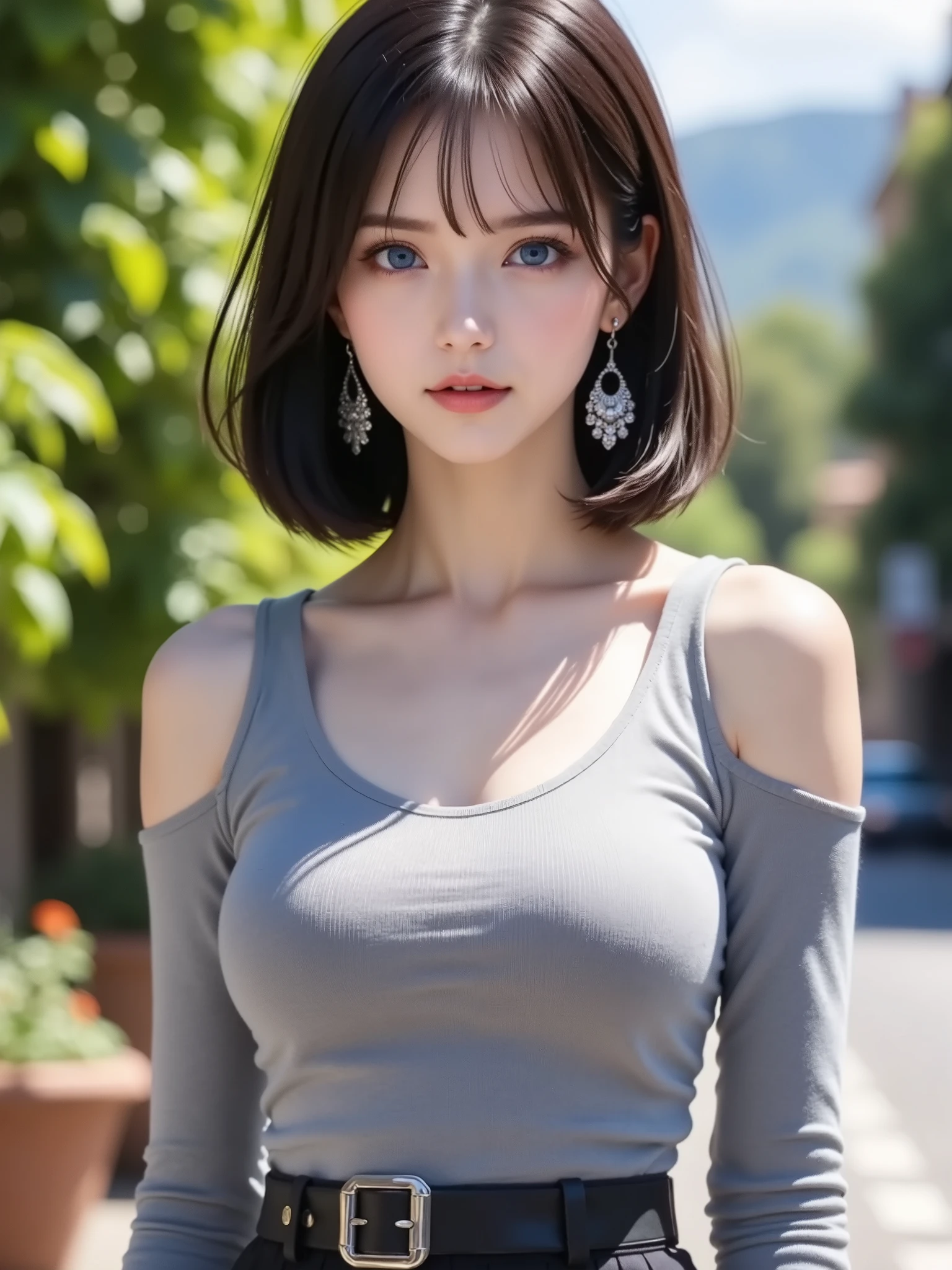 A young woman stands outdoors in a sunny setting, with lush green foliage and a clear blue sky in the background, suggesting a pleasant, warm day. Her short, sleek, dark brown bob hair with soft inward curls and wispy bangs gently frames her face, catching the sunlight with a subtle shine. She wears a sleeveless, light gray, fitted top with a scoop neckline, complemented by matching, detached long sleeves, which adds a modern and stylish touch. Her high-waisted black skirt features a prominent black belt with a large, shiny metallic buckle, emphasizing her waist and adding an elegant contrast to her top. She accessorizes with large, sparkling, dangling earrings that catch the light. The overall composition conveys a chic, sophisticated fashion sense and a relaxed, confident mood.
