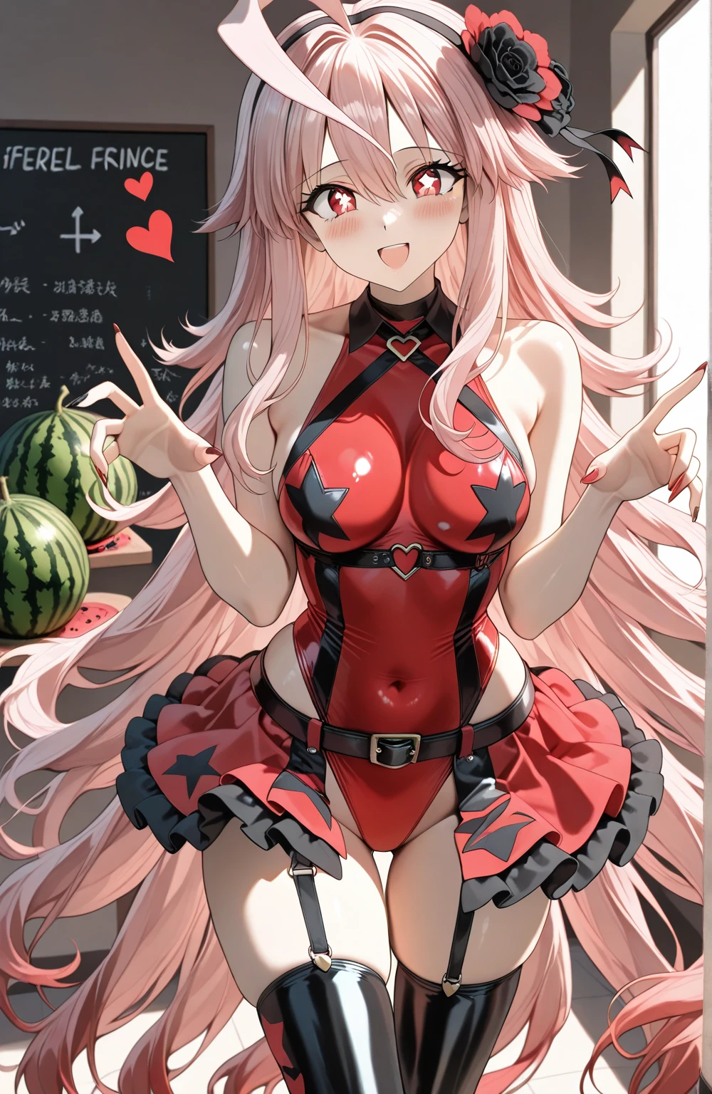masterpiece, high quality, best quality, beautiful, hd, perfect lighting, detailed face, detailed body, 1 woman, (milf), solo, (pink hair), green eyes, ((red lingerie with ruffles)), (sitting on table), (red roses), sexy pose, sexy face, (blush), red horns, lola, mecha girl