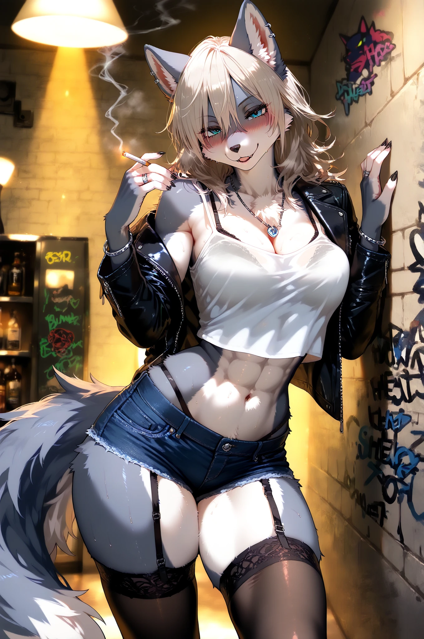masterpieces,(makro angle, from below), (furry, anthro Anubiswoman, long snout:1.3), smiling, tired eyes, detailed eyes, sharp teeth, chest tuft, tail, (bodyfur, detailed fur, furskin:1.2), hard lighting, curvy, (inside city:1.1), short hair, undercut hair, (straight hair:1.1), (blond hair:1.1), (oily hair:0.8), (nerd style:1.2), (curvy:1.2), (wearing causal clothes:1.1)