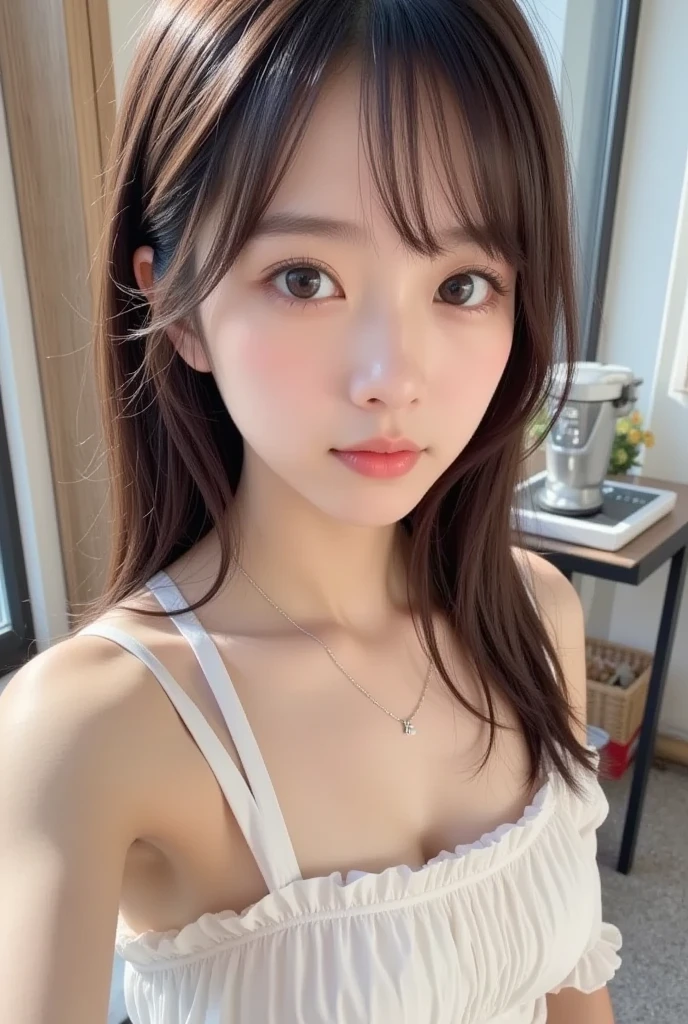((cute japanese girl、Beautiful Japanese Girl、One girl、19 years old、ponytail、Highly detailed face and skin texture、Ultra detailed face、Ultra-detailed eyes、Li Hong、blush、front、 cute、Highly detailed face and skin texture、Smooth white skin、Translucent skin texture、))、(Dark Brown Hair)、looking at the camera、Sharp Focus：1.2、Beautiful woman with perfect style：1.4、Japanese Model、((highest quality、8K、masterpiece:1.5、１photos))、(4K、RAW Photos、highest quality)、Place a person across the screen、Natural light、professional lighting、(Realistic、Photo realistic:1.5)、 Young Gravure Idol、Cute Gravure Idol、Real Gravure Idol、A sophisticated gravure idol、