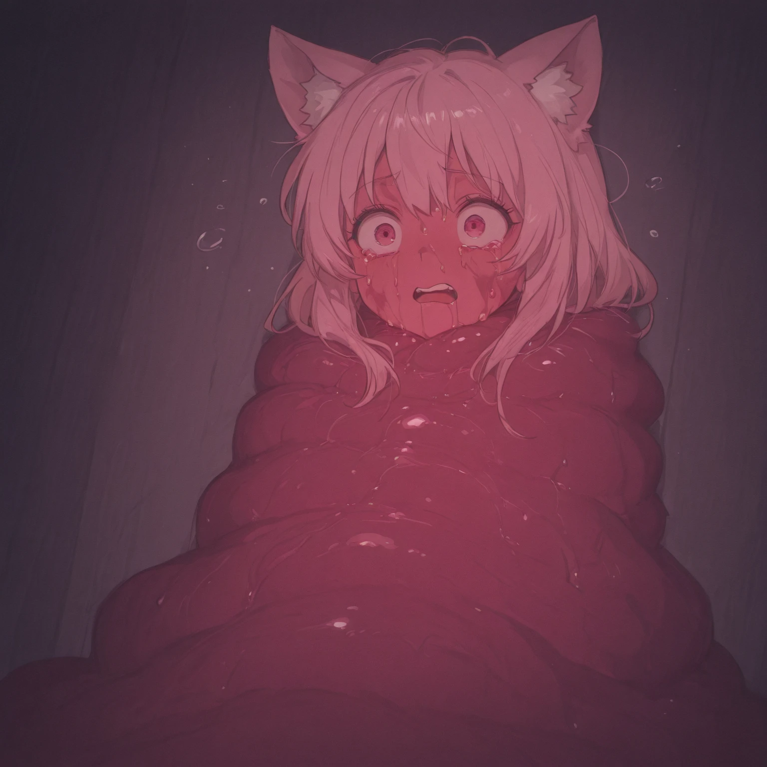 Masterpiece,High quality,abstract res,Digital painting\(artwork of a\), by Dagasi, Yupa,Kiyosan,(anthro,Fluffy fur,Character focus:1.1） Wolf type，human - shaped，Cubs，hairy pubic，White hair，Laughing and crying，Tangled in tentacles，Stick out your tongue，enjoying，Pink love pupils
