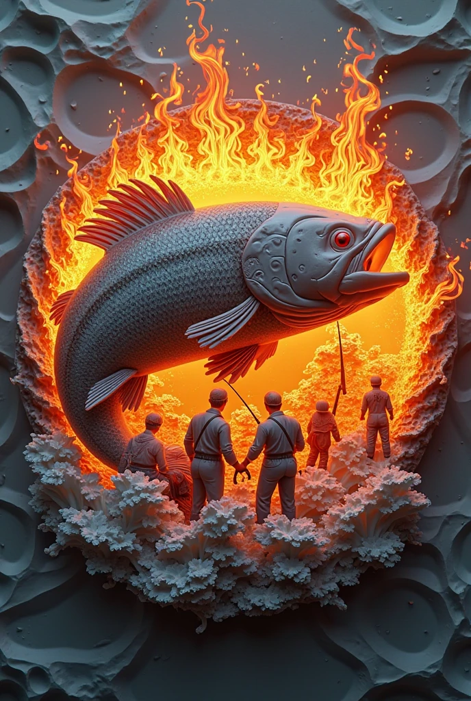 In the middle of a room, On a small table there is a fish tank full of water and in the background a nuclear explosion