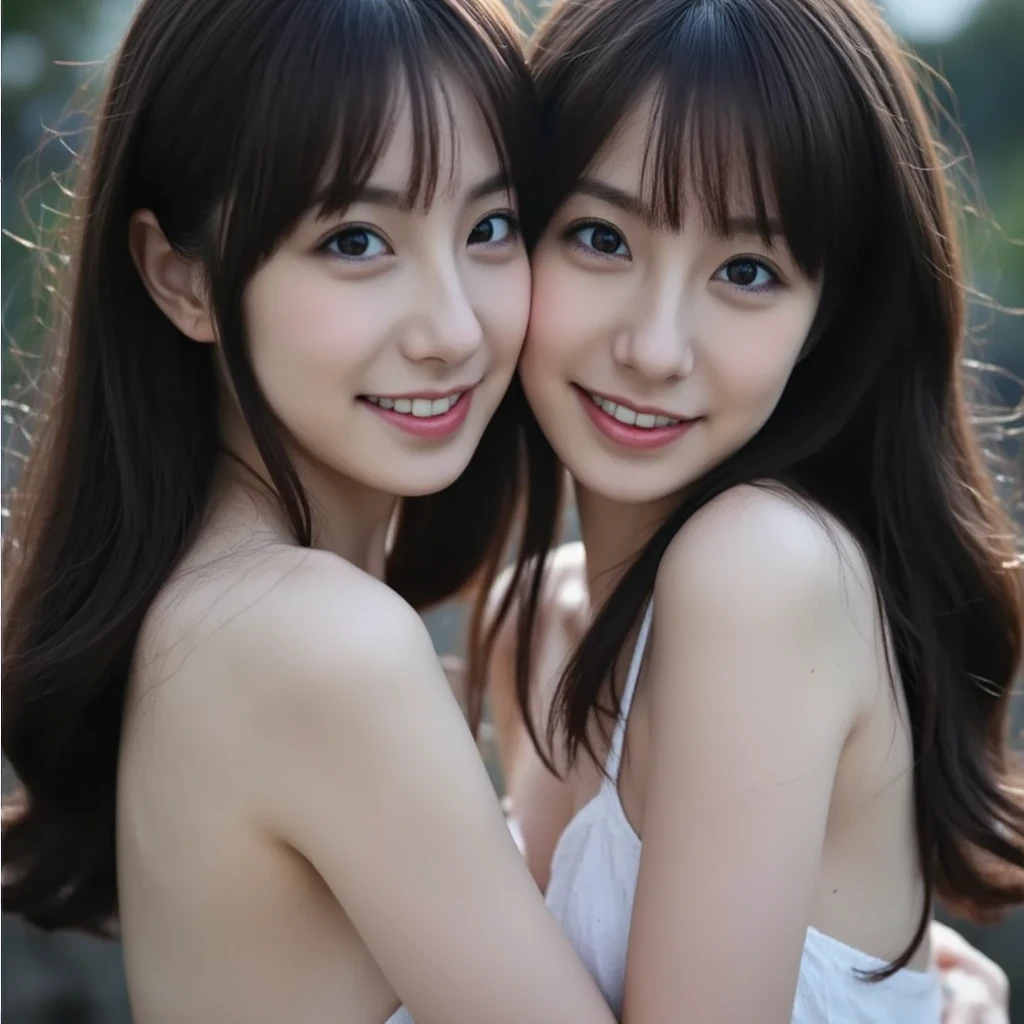 (2girl:1.3), gorgeous beautiful & elegant, (beautiful portrait of two women:1.25), (best quality, masterpiece:1.2), (photorealistic:1.2), 16K, absurdres, beautiful eyes, (light brown hair, asymmetrical hair, asymmetrical bangs, messy hair), full round face, (hug each other:1.2), (seductive smile:1.2), (dynamic lighting), (upper body), highly detailed, (close-up:1.1), Attractive 2 Japanese woman Pictures,