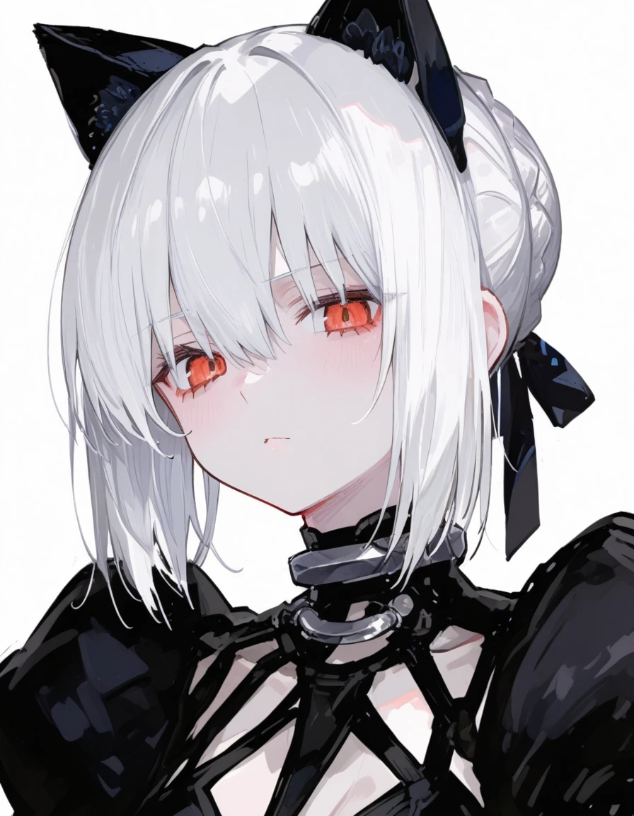 adult woman, White hair, (shoulder-length hair), ((grey eyes)), police uniform, cute face, Pretty appearance, kind look, Cozy atmosphere, kindness and positivity, nice smile, closed mouth, closed clothing, (((plain background))), (horns), Demon Girl, short hair