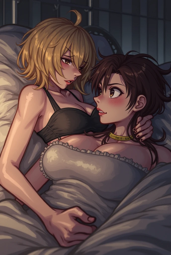 Two women sleeping next to each other in bed, sleeping, big ass, big breast, both looking at the viewer, view from below centered between both the girls