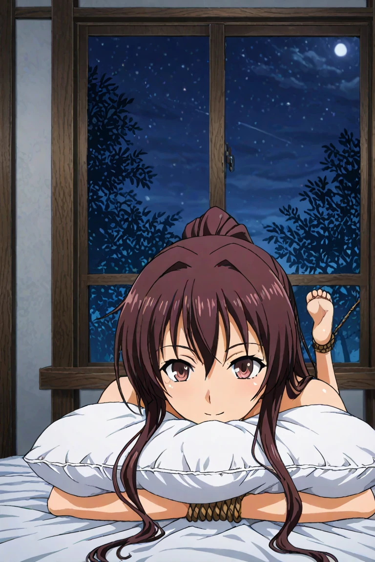 ((lying on stomach)),Black Hair,Long Hair,blue eyes,bangs, ((髪band)), Animeセル画スタイル,masterpiece, Highest quality, Very detailed, a Anime, (((NUDE))), Naughty anime style, Anime, Naughty style, Naughty, Digital anime art!!, Anime Style, Official artwork, Visual Novel CG, 美しいAnime, Anime Style 4k,