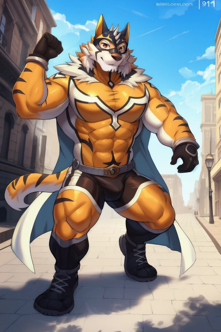 <lora:ryekie-09:1>, ryekie, solo, (soft shading), 4k, hi res, (detailed face, detailed eyes, detailed), ((full body)), by zackarry911, by zaush, (by personalami:0.5), gloves, cape, mask, mature male, bara, muscular male, bodysuit, skin tight, orange bodysuit, bulge, city