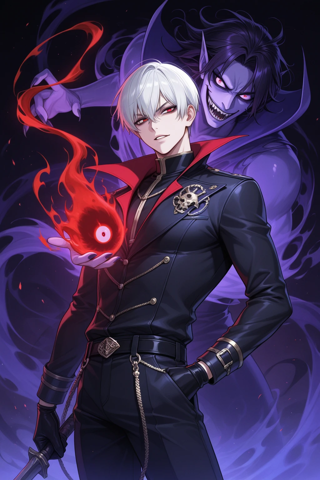 Ultra detailed, Highres, absurdres, HDR, white hair with bangs, Gojou Satoru, blue eyes, black gloves, black round sunglasses, black cape, bare chest, prince cool clothes, 1 man, moon, window, roses, handsome, jujutsu kaisen, chains