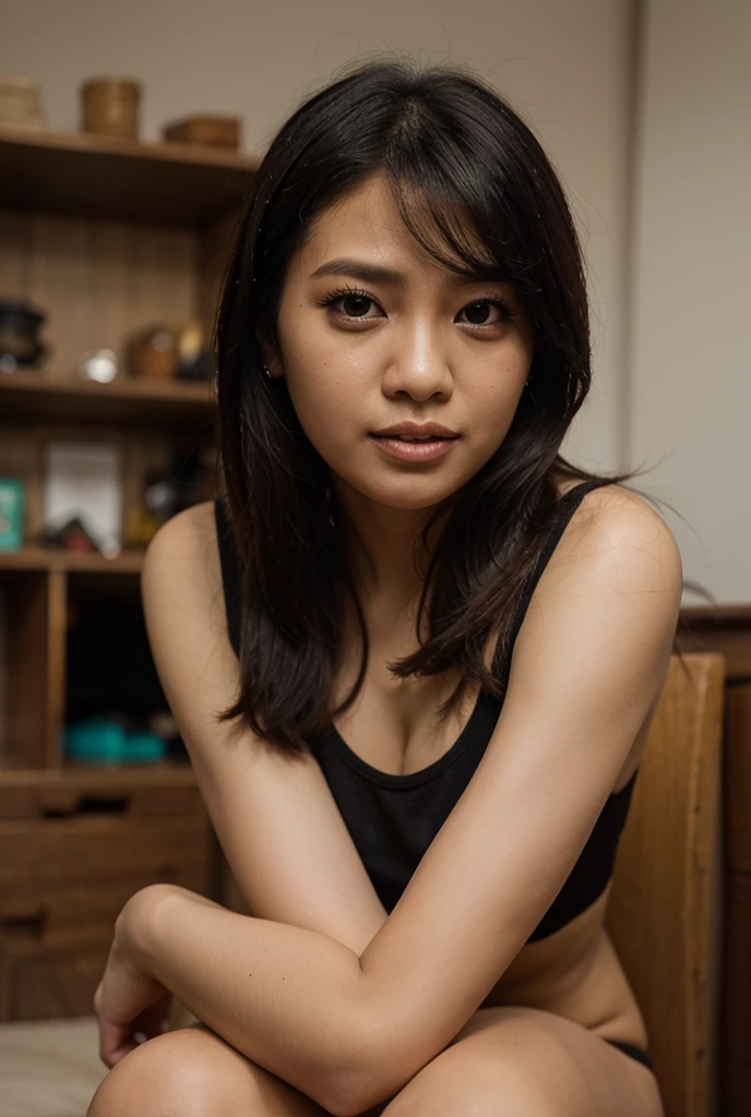 photo of black hair female, natural skin, realistic skin, beautiful refined oily skin, real skin texture, sharp face lines, skinny face, beautiful slim face, black long hair, beautiful dimples cheeks, slim beautiful japanese face, beautiful face, beautiful nose, masterpiece, high resolution, 21 years old, busty female, american mixed japanese ethnic female, In a chic loft, practicing yoga, wearing form-fitting workout gear, a peaceful yet captivating aura in the midst of concentration