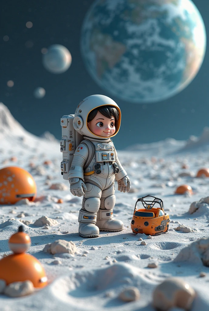 Kid Dear with space suit and stand next to a space rover in moon 9:16 scale