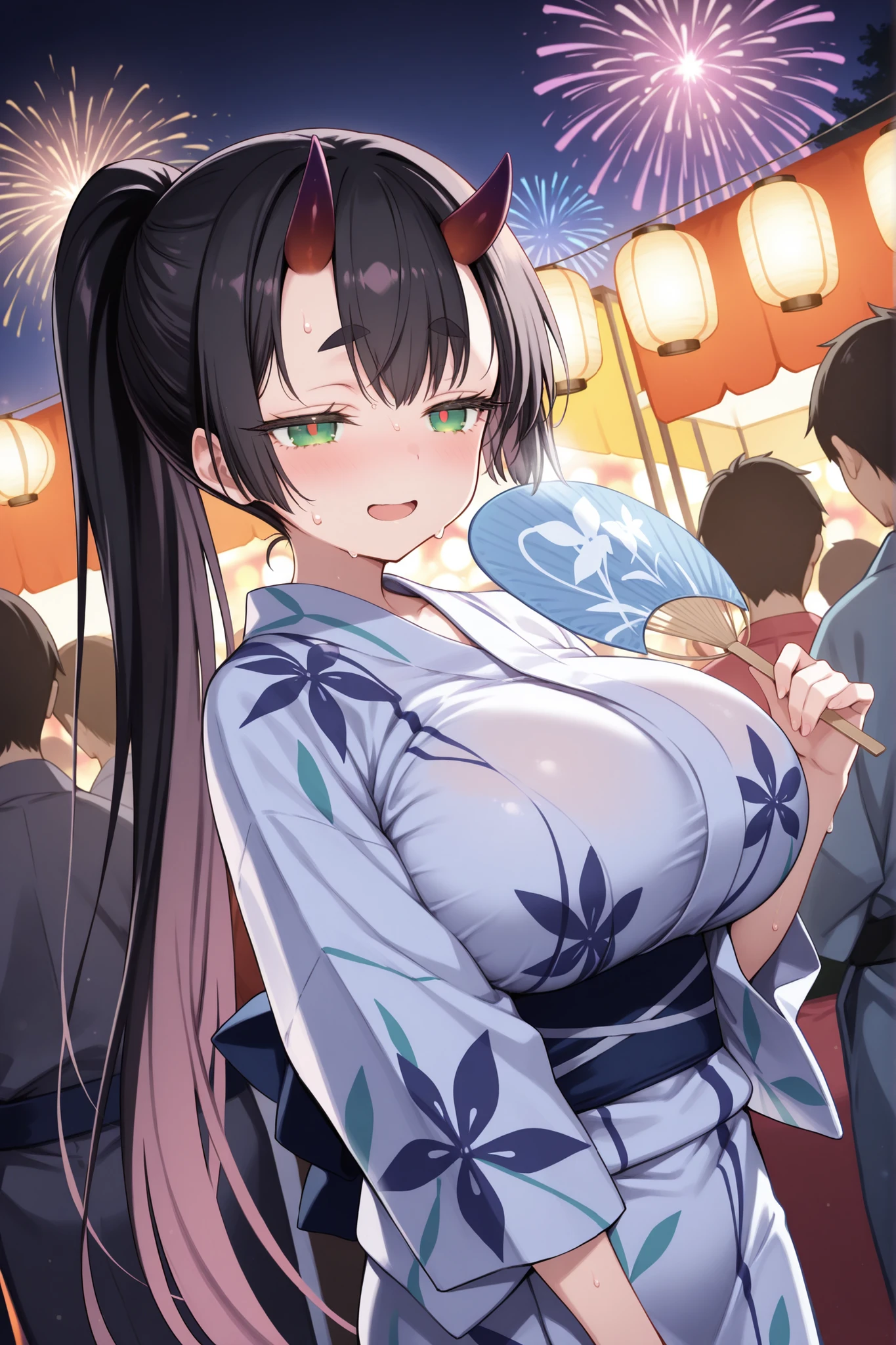 One Woman、beautiful girl、evening、kimono、Beautiful patterned kimono、ponytail、Waraji、School、Back of the school building、spring、cherry blossoms々、はためくcherry blossomsの花びら、Long Hair、Highest quality、Ultra HD、Black Hair、smile、8 heads、White tabi socks、Japanese Umbrella、smile、Cowboy Shot、festival、Many food stalls、Beautiful views、Big Breasts、kimonoがはだけて下着が見える、white lace bra、white lace panties、Lie on your back with your legs spread、Have a、Tipsy