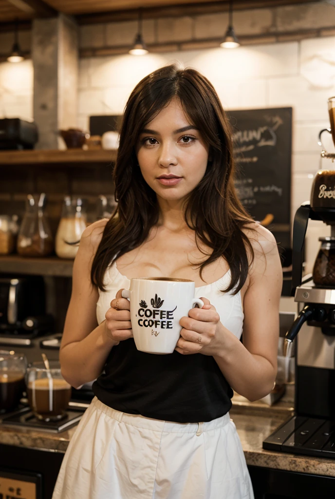 (best quality,highres), A Aishwarya Rai in a Starbucks uniform makes coffee, Big breast、just wearing apron、full body, naughty seductive pose, vivid colors,portrait,detailed eyes and face,dark hair,beautiful lips,expressive eyes,natural lighting,smoky eye makeup,curly hair,starbucks branding,coffee machine,morning scene,hot steaming coffee cup,caffeine boost,warm atmosphere,barista style,polished nails,Bollywood glam,ethnic jewelry,professional lighting,playful expression,intense gaze,aroma of freshly brewed coffee,caffeine addiction,barista skills,aromatic coffee beans,sexy smirk,confident posture,enticing aura