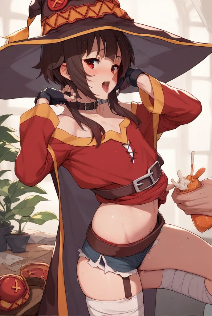 There was one girl with shiny skin, sexyposture,best qualtiy,tmasterpiece,(Photorealsitic:1.4),breast enhancement,reality,offcial art,The 8k quality,Super Detail,Fine detail skin,Movie angle,Cinematic textures,Movie Lighting,masutepiece,The highest image quality,1 girl,Vermilion lips,hair messy,pantyshot,Big Mimi,crisp breasts,1girll,((cleavage)), ((blushing)), brown hair, (((blush))), cleavage, (((((small breasts))))), belt, long sleeves, sweat, short hair, ((witch hat)), red eyes, (looking down), strongly embarrassed, ((no panties)), nsfw, show her hairy pussy, naked, horny, masturbating, hairy pussy, expose her wet hairy pussy to the viewer, show her , masturbating, spreading legs, crouching spreading legs