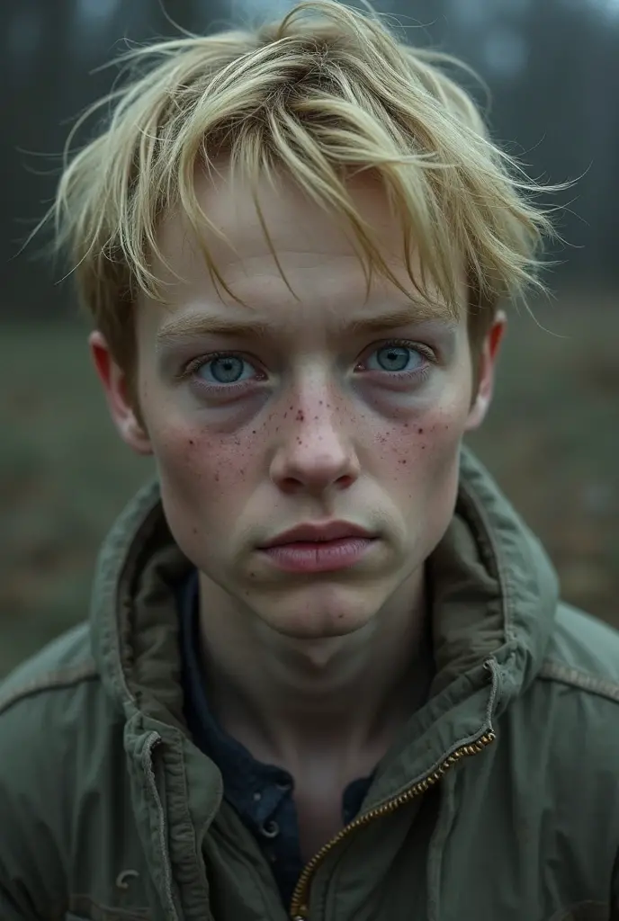 Please generate a beautiful 17 year old boy with blonde hair, blue eyes and a glare on his face and shoulder length white hair. He is medium height, tall and lean with slightly broad shoulders and a narrow waist and he has no shirt on, with breeches on. Weather is dark and there is a red forest in the background. Captured as a cinematic film still, shot on a V-Raptor XL, the scene is enhanced with bright sharpness and post-processing. The cinematic lighting and 35mm film quality create an atmospheric, epic, and stunning masterpiece, full of dramatic flair. Marks on his face, sweat