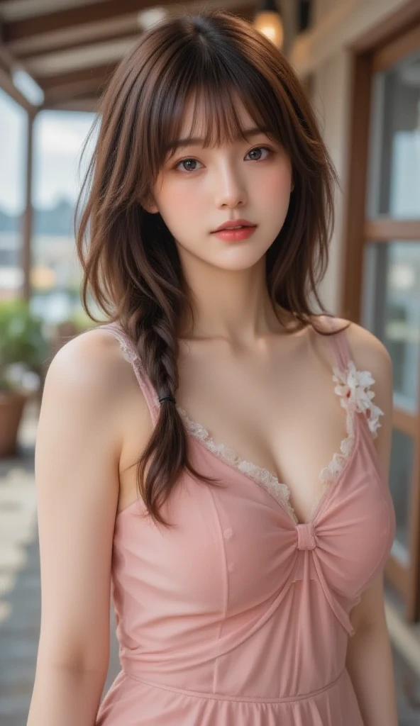 amazingly realistic, High resolution 8K photo of a beautiful 20 year old woman, ((messy side wave long hair)), And a glamorous person, (우아한 dress:1.2), dramatic lighting, masterpiece, Immersive atmosphere, chiaroscuro:(1.5, bright lights:1.2, shining light), (blur background:1.5), treasury, best quality, realistic, very detailed, HDR, Physically Based Rendering, studio lighting, vivid colors, bokeh, (real skin texture:1.3), high contrast, (fujicolor:1.5), film grain, girl in the rose garden, dress, The cleavage is visible, (Red flower mess in the background..:1.3), Fascinating detailed red eyes and face, dynamic lighting, in the dark, deep shadows, low key, cowboy shot,